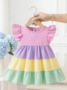 SHEIN 女婴时尚条纹拼接彩色多巴胺连衣裙，春夏新品 - 彩色 - 查看 4