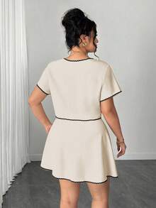 Elenzga Plus Size Summer Elegant Commuter Color Block Trim Shirt And Skirt 2 Pieces Set - Apricot - View 2