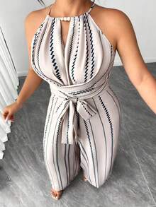 SHEIN Elenzya Plus Size Elegant Casual Striped Waist Jumpsuit, Suitable For Commuting, Spring/Summer Women Vacation Outfit Sets Women's Summer Outfits Women's Summer 2 Pieces Sets Women Outfits Sets - Apricot - View 4
