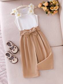 SHEIN Vintaside Kids Bộ 2 món áo vest không tay dệt kim cho bé sơ sinh/trẻ nhỏ với họa tiết hoa 5 cánh màu trắng và quần hoa cùng màu, trang phục mùa hè thời trang. - trắng - Xem 6