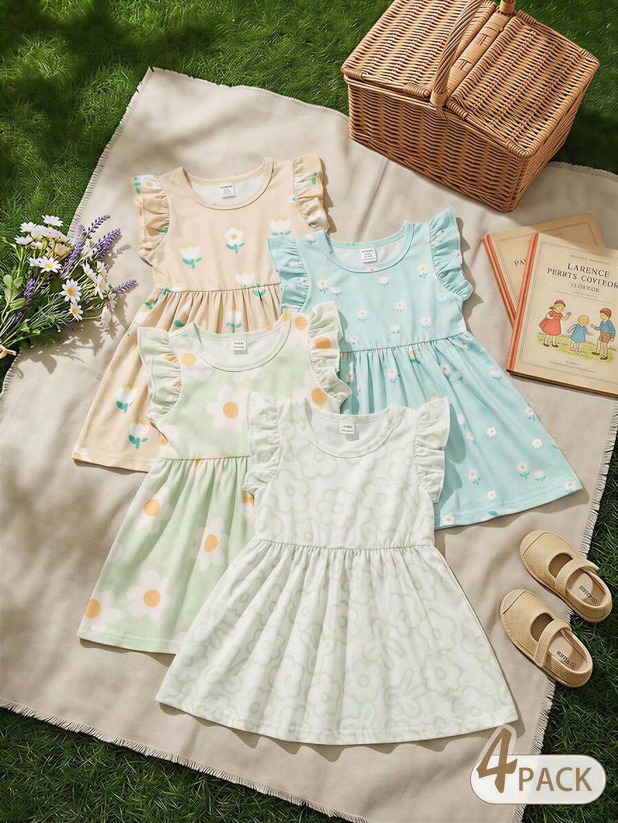 Souflis Souflis 4件套法式碎花印花女婴/幼儿可爱花朵短袖荷叶边连衣裙,夏季 - 彩色 - 查看 1