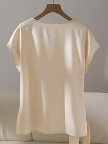 Franclia Elegant Short Sleeve Round Neck Ruched Spring Summer Women's Blouse Teacher Women Blouse - Khaki - View 2