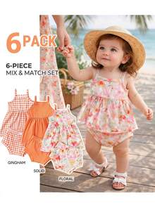 SHEIN Playful Pals Bộ 3 món cho bé gái, gồm váy hai dây mềm mại và dễ thương, gồm váy và quần short. - Nhiều màu - Xem 3