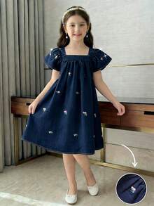 Elladie kids 少女休闲优雅牛仔连衣裙，柔美花卉图案设计，泡泡袖 - 深色水洗藍 - 查看 5