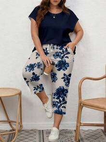 EMERY ROSE Conjunto de 2 piezas para mujer talla grande: Blusa de cuello redondo de unicolor y pantalones de pierna ancha con estampado floral, uso casual diario - Multicolor - Ver 3