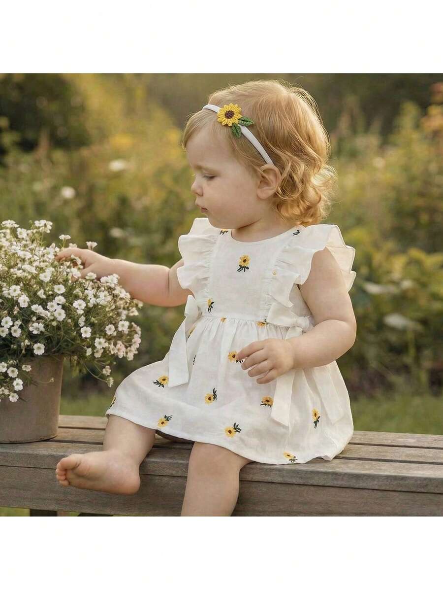 Loomiva Đầm dệt hoa cho bé gái, cổ tròn, viền bèo nhún, kiểu dáng thường ngày. - Nhiều màu - Xem 1