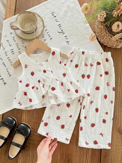 LMoss Kids 2pcs Baby Girl Cherry Print Woven Vest And Pants Set Strawberry Print Two-Piece Set Girls Summer Two Piece Sets Baby Girl Strawberry Set Toddler Girl Strawberry Sets