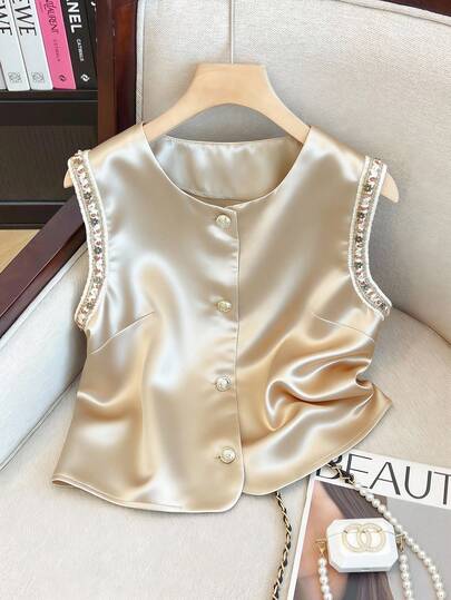 GlowEve Satin Texture Open Front Fashionable Versatile Retro Vacation Vintage Style Blouse For Women