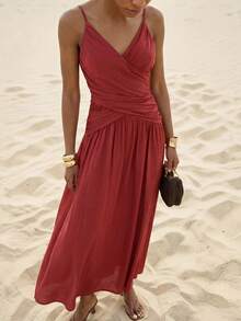 Zivah Vestido de línea A con cuello en V, fruncido, con tirantes ajustables, cremallera invisible y bolsillos laterales, ideal para festivales de música, Pascua, estilo occidental, nómada, fiesta de cumpleaños, graduación y estilo bohemio, nueva colección primavera 2025 - Rojo - Ver 2