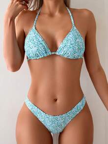 SHEIN Swim 女士夏季沙滩印花露背系带性感比基尼套装，随机印花 - 彩色 - 查看 1