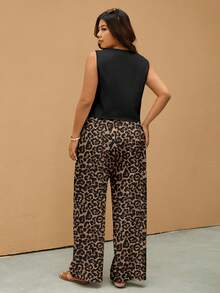 Elaquor Black Casual Top + Leopard Print Loose Pants 2 Pieces Set, Suitable For Spring/Summer, Office Wear, Plus Size - Multicolor - View 2