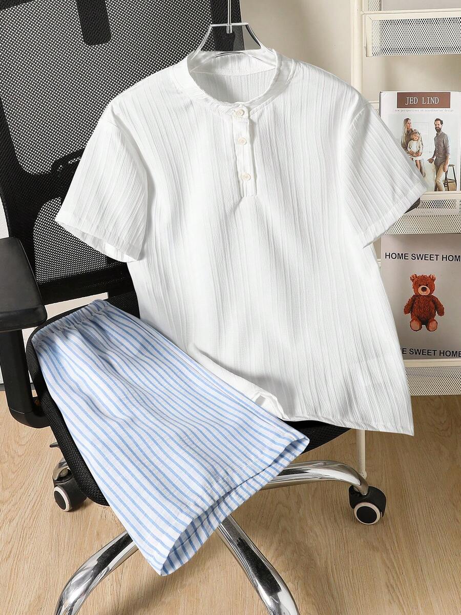2pcs/Set Boys' Casual Striped Half-Placket Shirt Outfit, Suitable For Daily, Vacation, School And Other Occasions - Blue - View 1