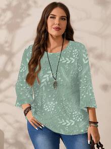 EMERY ROSE Plus Size Women Casual All-Over Print Round Neck Loose 3/4 Sleeve Shirt, Autumn/Winter - Green - View 6