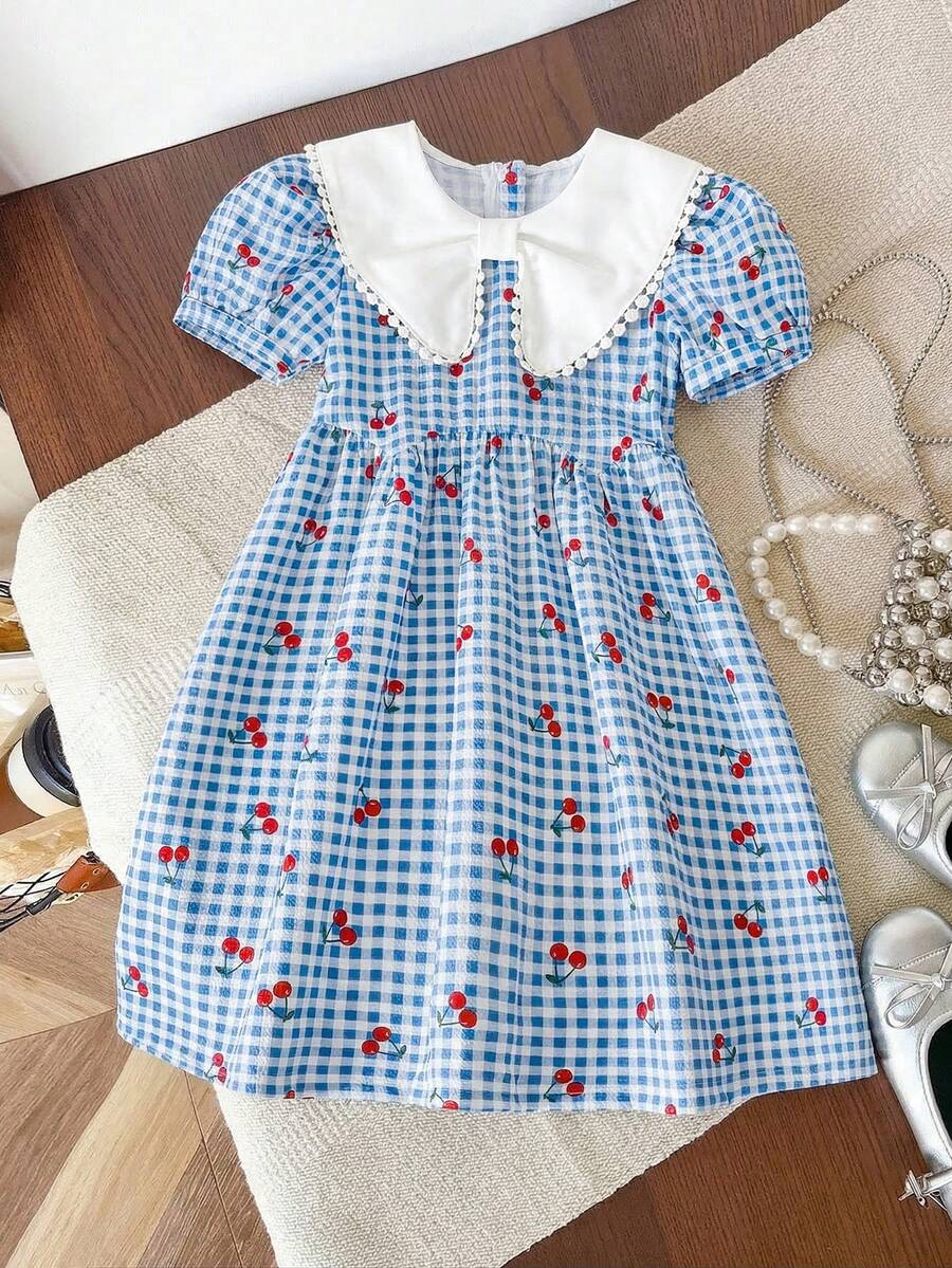 SHEIN Genkimix Kids 女童蝴蝶结领泡泡袖装饰可爱时尚夏季连衣裙 - 藍色 - 查看 1