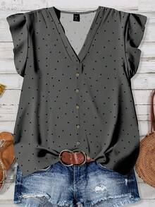 SHEIN LUNE Plus Size Women V-Neck Polka Dot Casual Blouse, Suitable For Summer Outings - Grey - View 1