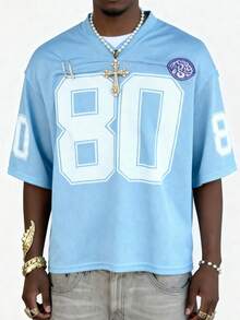 Manfinity Dauomo Áo thun nam tay ngắn cổ tròn in số, kiểu dáng thường ngày, đa năng. - Màu xanh lam - Xem 3