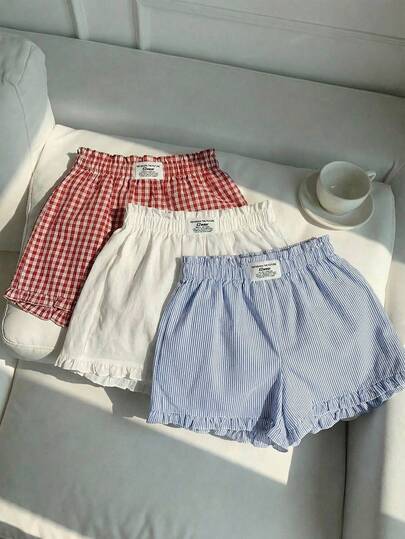 Comfortcana Set de 3 piezas de shorts casuales sueltos con cordones, volantes y bordados para mujer, de unicolor, a rayas y con estampado de parches, adecuado para uso diario, citas, fiestas, otoño/invierno/verano, Navidad, Año Nuevo, Acción de Gracias, fiestas, bodas, playa, ceremonias de graduación, moda, elegante, casual, salidas, citas, reservas, viajes, brillante, Día de San Valentín, elegante, vacaciones, casual, Y2K, salidas, ceremonias de graduación y otras ocasiones.