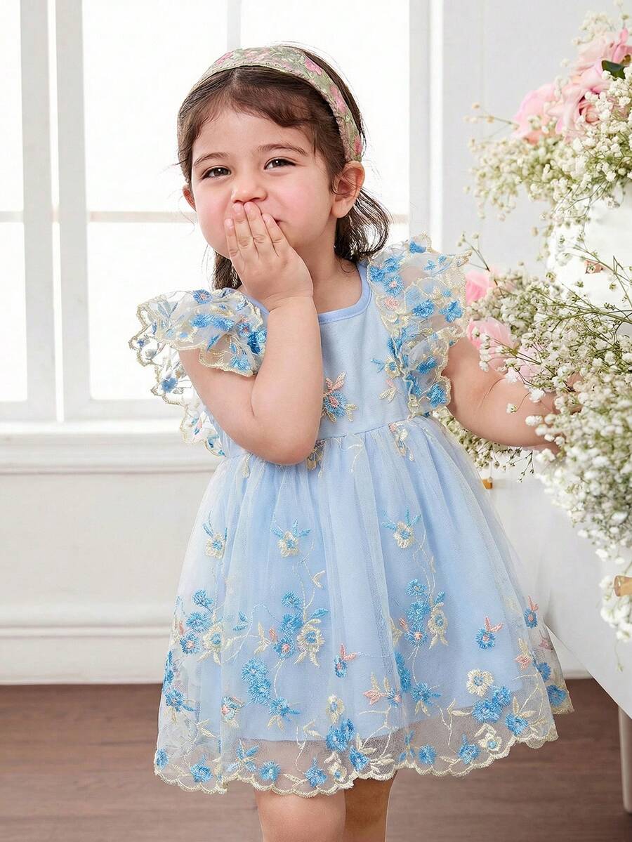 SHEIN Babygirl Cute Summer Elegant Floral Embroidery Mesh Ruffle Hem Dress - Blue - View 1