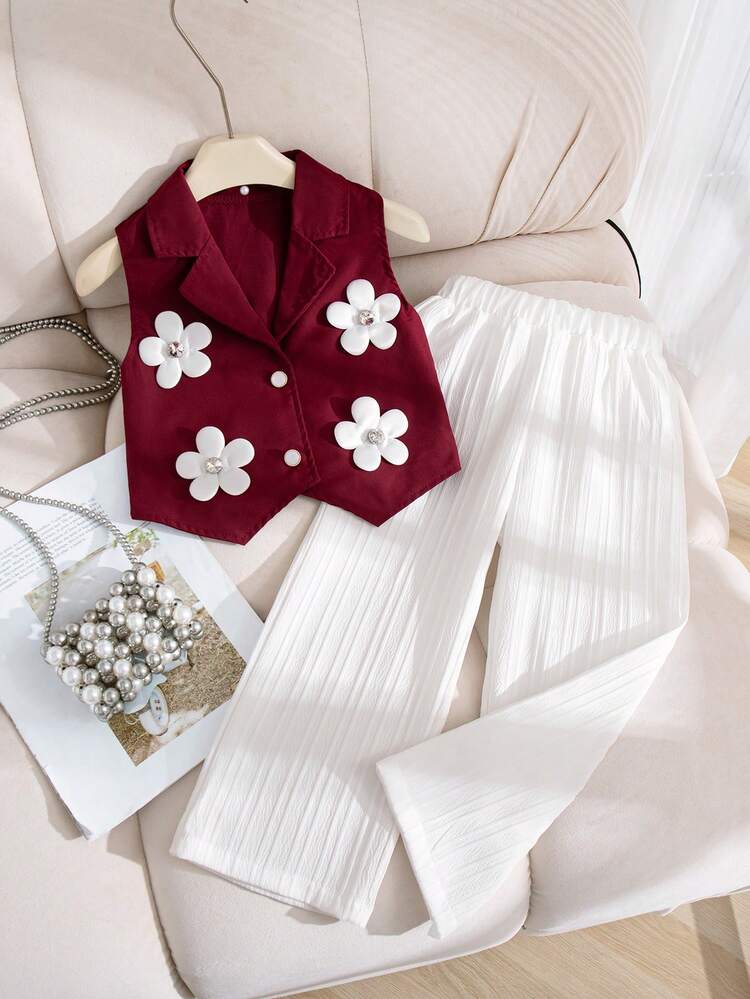 Elladie kids Set de 2 piezas: Chaleco sin mangas con cuello vuelto y abertura frontal con decoración floral 3D + Pantalones rectos casuales blancos para niñas pequeñas, conjunto versátil y elegante para el verano - Rojo - Añade 4