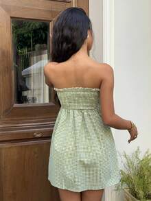 Sunnyshic Đầm mùa hè kiểu dáng quây ngực gợi cảm, chất liệu vải kẻ caro màu xanh lá cây tinh khiết, ôm dáng, dáng chữ A, thích hợp cho nữ, thích hợp mặc đi biển hoặc nghỉ mát. - màu xanh lá - Xem 3