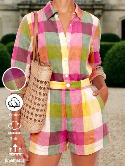 Balvessa Bộ đồ nữ thường ngày kẻ caro cầu vồng gồm áo sơ mi và quần short, thích hợp cho mùa xuân/hè.