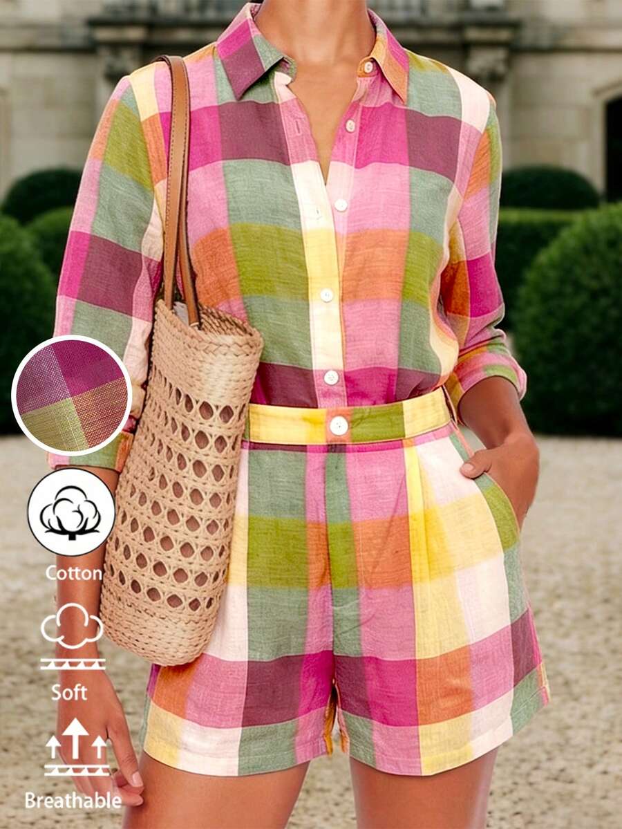Balvessa Damset med regnbågsrutig skjorta och shorts, 2 delar, vår/sommar - Multifärgad - Visa 1