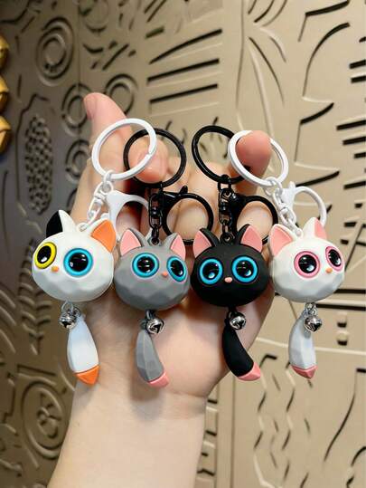 1 Peça, Disponível em Quatro Cores, Chaveiro de Gato com Sino Fofo e Desenho Cartoon, Pingente de Cabeça de Gato com Corte Geométrico Criativo, Enfeite de Bolsa e Acessório de Chave de Carro