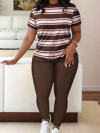 Maweii Bộ đồ 2 món cỡ lớn: áo thun ngắn tay và quần legging in họa tiết kẻ sọc, kiểu dáng thường ngày.