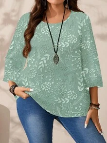 EMERY ROSE Plus Size Women Casual All-Over Print Round Neck Loose 3/4 Sleeve Shirt, Autumn/Winter - Green - View 2
