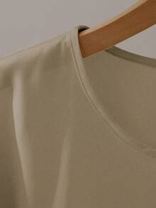 Franclia Elegant Short Sleeve Round Neck Ruffle Tie Bow Blouse, Khaki Color, Spring/Summer For Women - Khaki - View 6