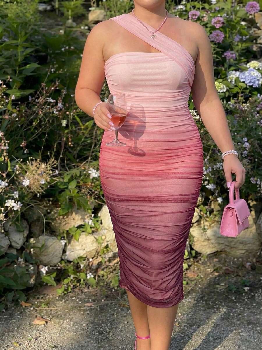 SHEIN MOD Plus Size Girl's Pink Tie Dye Ruched Bodycon Dress, Elegant Asymmetric Shoulder Dress, Party/Event Dress Valentine's Day Outfit