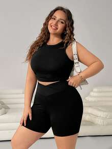 SHEIN EZwear 2件套加大码女士针织休闲黑色短裤，夏季 - 黑色 - 查看 5