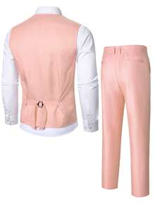 Manfinity Mode Men's Front Button Waistcoat And Pants Business Suit Set, Formal - Baby Pink - View 2