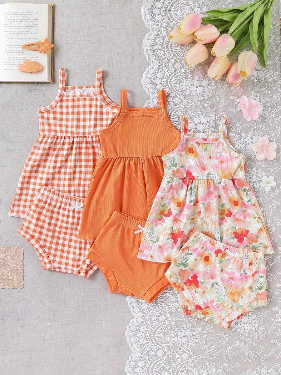 SHEIN Playful Pals Bộ 3 món cho bé gái, gồm váy hai dây mềm mại và dễ thương, gồm váy và quần short. - Nhiều màu - Xem 1