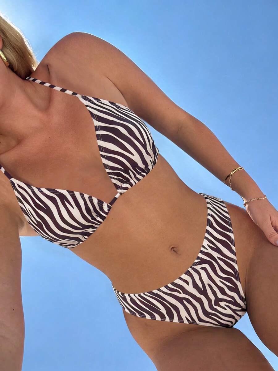 Swim Mod Women's New Zebra Print Sexy Halter Low-Waist Triangle Bikini Set, Summer - Multicolor - View 1