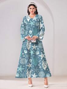 Al Najma 休闲简约保守风海星珊瑚印花阿拉伯风格连衣裙 - 彩色 - 查看 1
