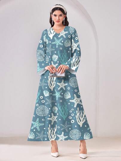 Al Najma 休闲简约保守风海星珊瑚印花阿拉伯风格连衣裙