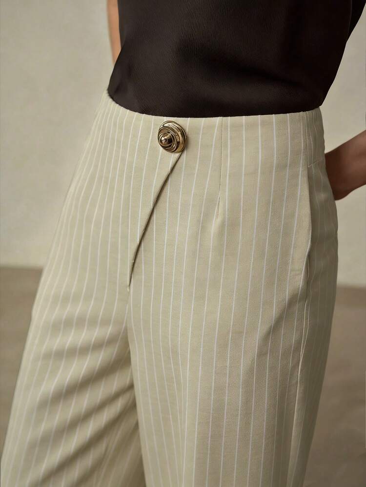 WOMEN'S STRIPED METAL BUTTON CASUAL PANTS