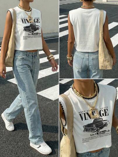 Muchica Women's Casual Retro Car Print Embroidered Shell Crew Neck Sleeveless Tank Top, Suitable For Summer, Vacation, Daily Commute, Dating, Party, Autumn/Winter, Christmas, New Year, Thanksgiving, Party, Wedding, Beach, Graduation, Fashion, Elegant, Casual, Outing, Dating, Reservation, Commuting, Shiny, Valentine's Day, Elegant, Vacation, Casual, Y2K, Outing, Graduation
