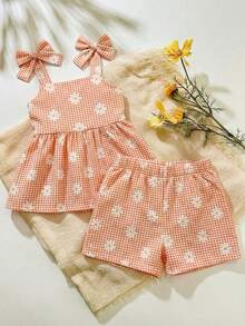SHEIN 2pcs Baby Girl Toddler/Newborn 0-3Y Casual Everyday Cute Vacation Striped Bow Decor Camisole Top + Shorts Set, Spring/Summer - Orange - View 8