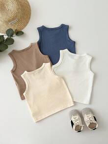 SHEIN Playful Pals 4 peças/Conjunto Colete Regata Branco de Malha Liso para Meninos Bebê, Casual, Combinando com a Família, Botões Decorativos, Pacote Múltiplo de Tricô para 6 Meses a 3 Anos - Multicolorido - Visão 2