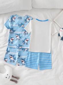4件套男童海军蓝白卡通鲨鱼条纹短袖睡衣套装 - 淺藍色 - 查看 2