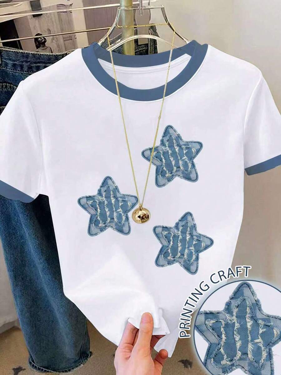 Resyla Áo thun nữ tay ngắn cổ tròn in họa tiết ngôi sao năm cánh phối màu - trắng - Xem 1