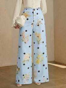 Anewsta 女士时尚高端波点花卉优雅修身西装裤，适合外出、派对、正式场合 - 淺藍色 - 查看 4