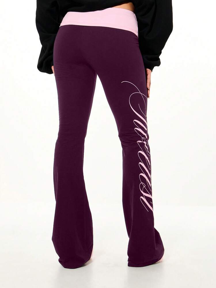 SUMWON WOMEN Women's Flare Pants With Fold Over Waistband And Side Graphic Print Detail Casual Lounge Bottom Yoga Style