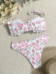 Swim Mod 女士泳装，花卉饰边，心形领口，甜美可爱，碎花图案，纹理面料 - 彩色 - 查看 3