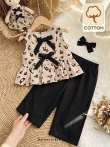 Cozy Pixies Baby Girl Heart Pattern Knit Soft Round Neck Sleeveless Top And Elastic Waist Pants 2 Pieces Set Linen Top Girl Baby Girl Animal Print, Kids - Black - View 1