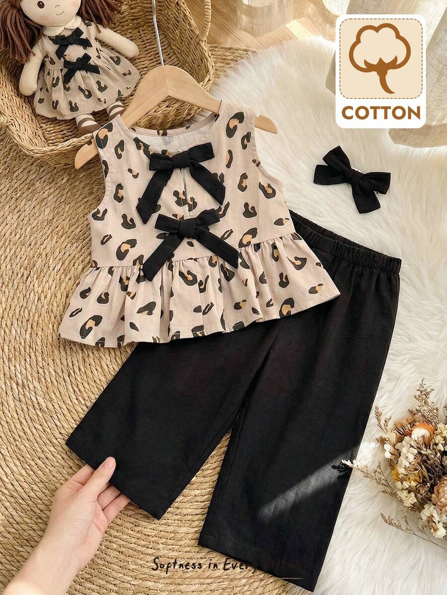 Cozy Pixies Baby Girl Heart Pattern Knit Soft Round Neck Sleeveless Top And Elastic Waist Pants 2 Pieces Set Linen Top Girl Baby Girl Animal Print, Kids - Black - View 1