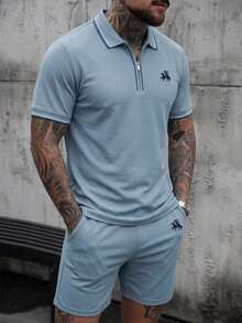 Manfinity Homme Men's Casual Polo Shirt Set,Summer Golf 2 Piece Set,Zip-Up Embroidered Short Sleeve&Shorts Outfit,Dusty Navy Blue Cozy Matching 2PC Summer Essential - Dusty Blue - View 3