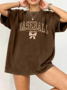 EMERY ROSE Leopard Print BASEBALL Letter Baseball Bowtie Printed Casual Plus Size T-Shirt - Coffee Brown - View 1